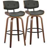 Lombardi 30" Swivel Bar Stool in Walnut Wood & Grey Leatherette with Black Footrest (Set of 2)